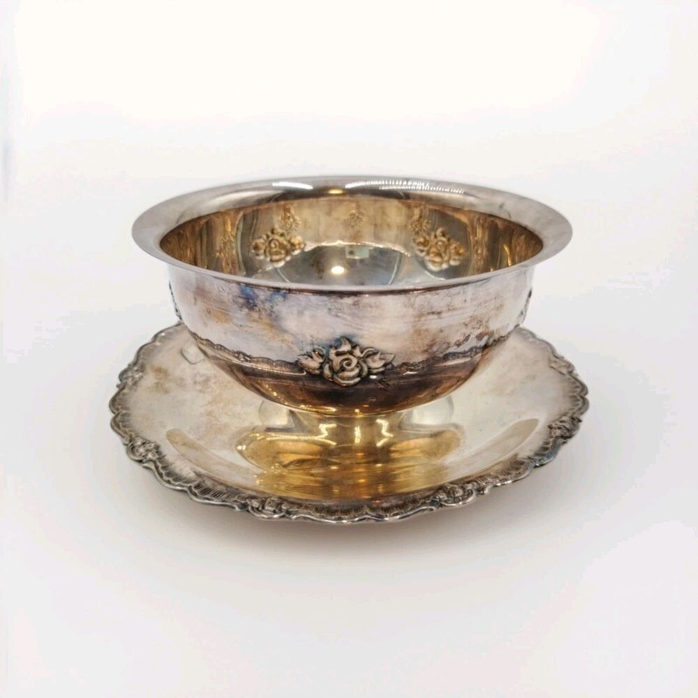 VTG Sweden Metall Silver Plate Footed Bowl Attached Underplate Rose Pattern READ